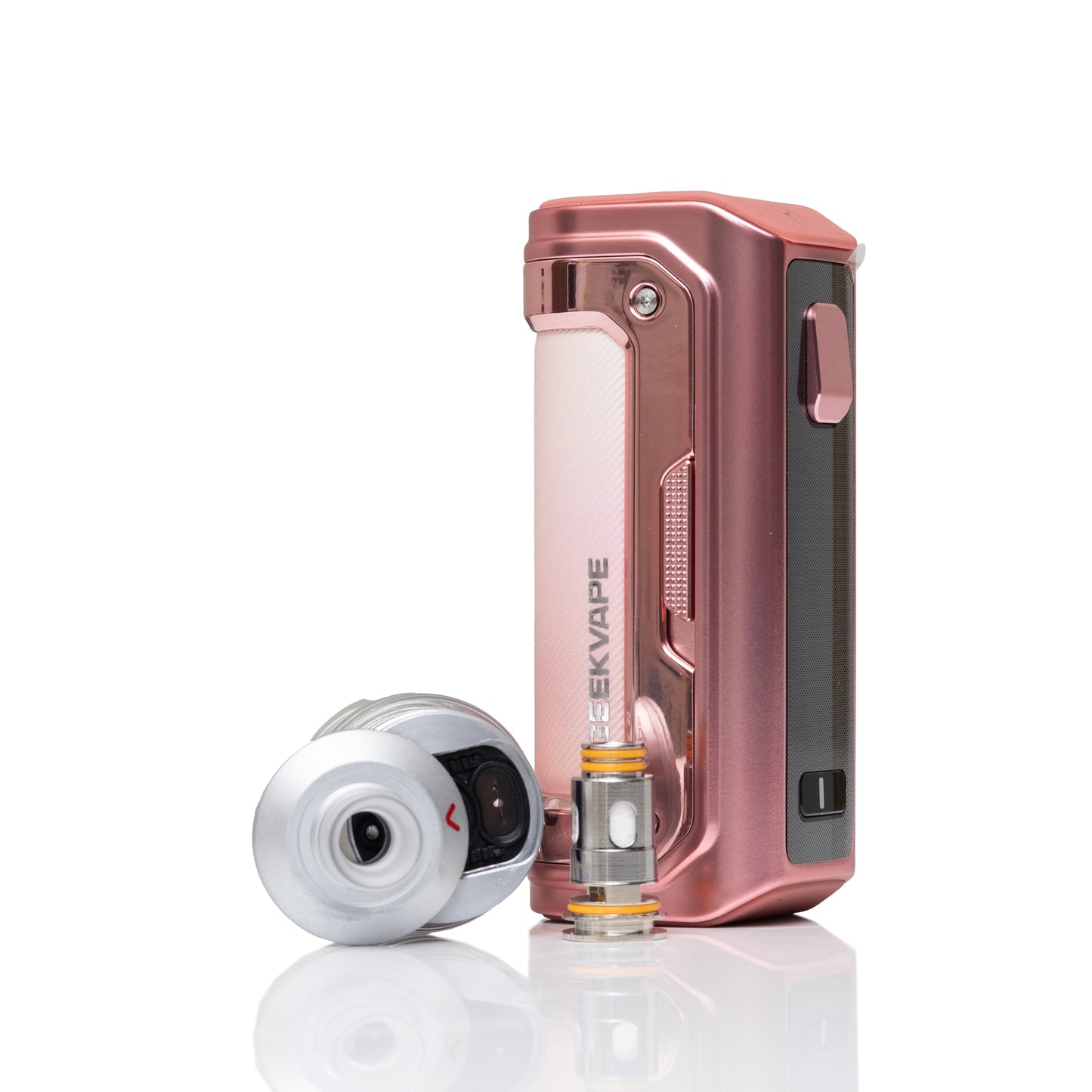 A metallic rose gold KEEKVAPE vape device standing upright next to a silver and black mouthpiece attachment, set against a clean white background with a subtle reflection.