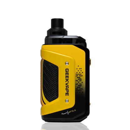 A GEEKVAPE vape device in yellow and black, shown from a side profile view on a clean white background.