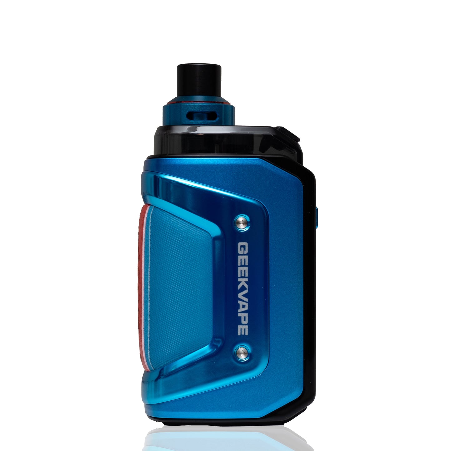 A blue and black GEEKVAPE electronic vape device with a textured side panel and silver screws, shown on a clean white background with a subtle reflection.