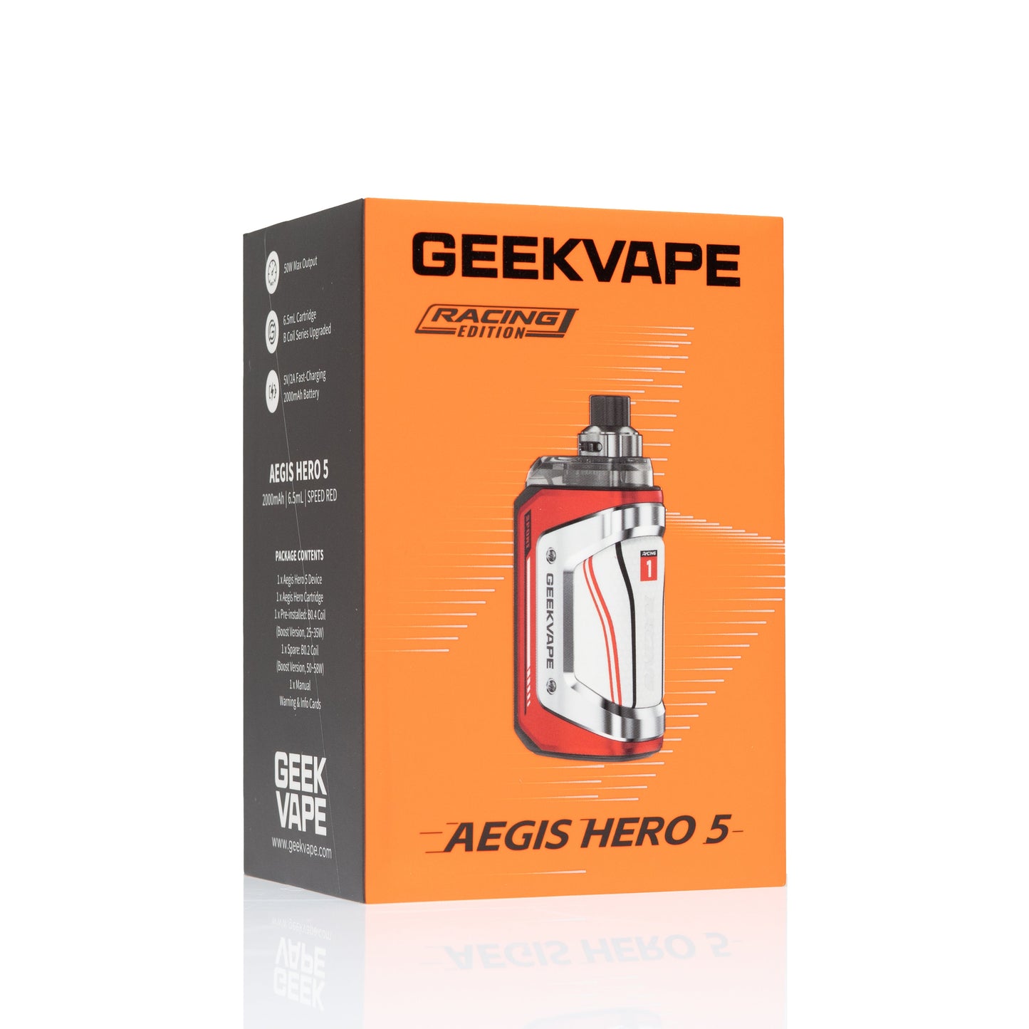 GEEKVAPE Aegis Hero 5 Racing Edition e-cigarette packaging box, featuring a bright orange front with a product image and a dark gray side panel with white text.