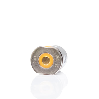 A small metallic cylindrical component with a hexagonal top, featuring a silver outer body, a yellow-orange inner ring, and white printed markings including '0.40' and '25-35W', shown on a clean white background with a soft reflection below.