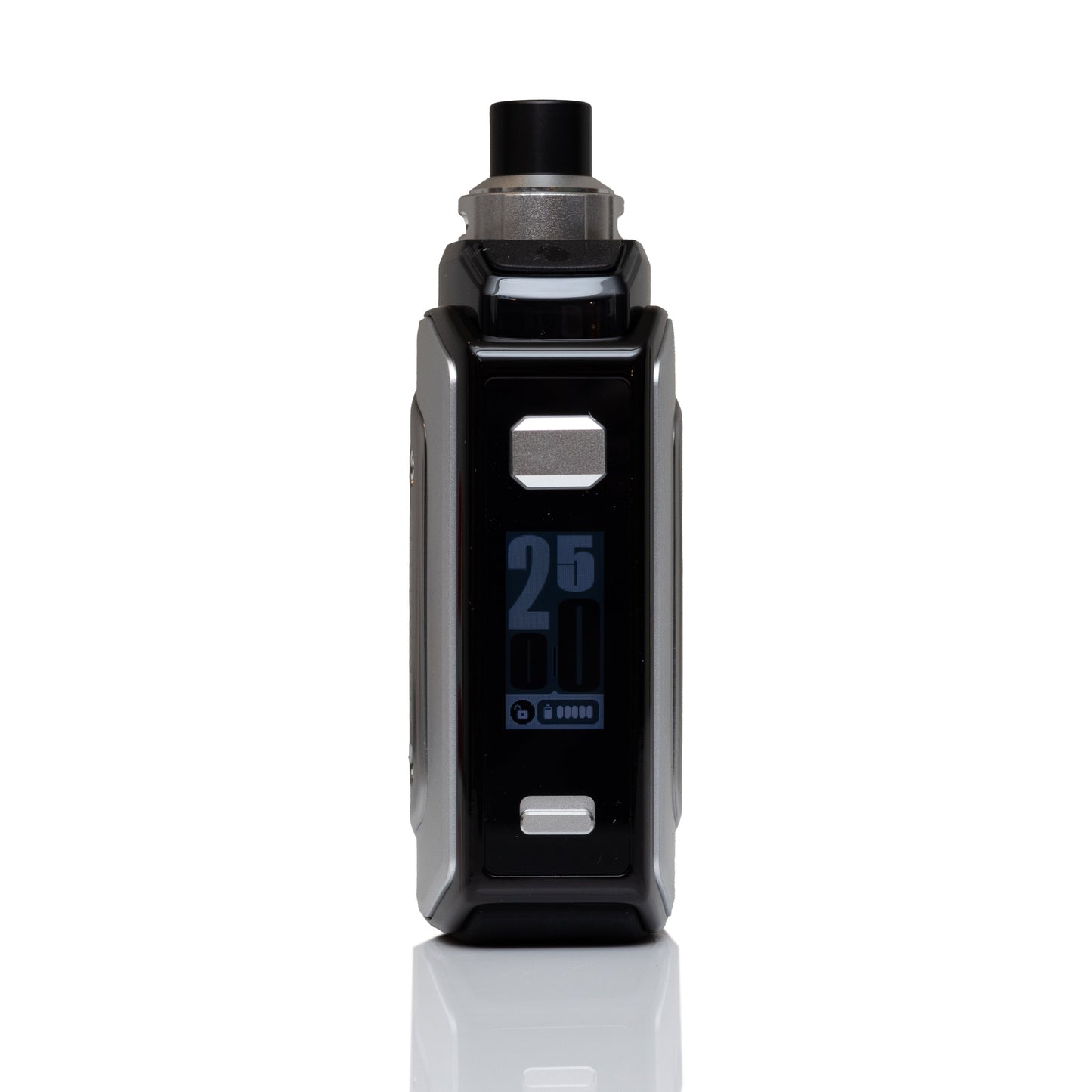A black and silver electronic vape device with a digital display showing '25W' and '4000 mAh', set against a plain white background with a subtle reflection below.