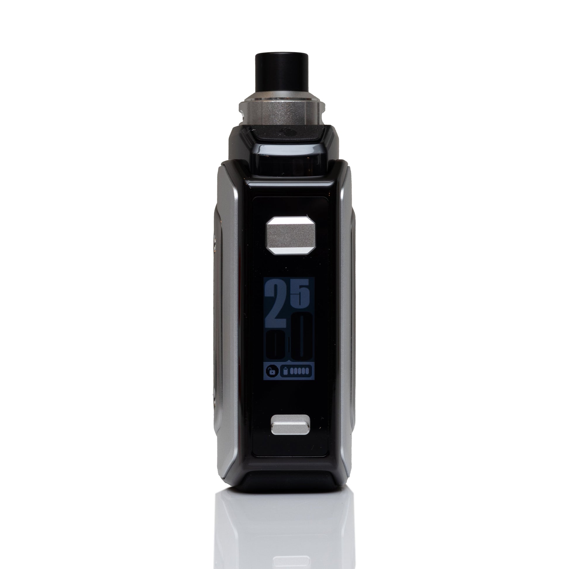 A black and silver electronic vape device with a digital display showing '25W' and '4000 mAh', set against a plain white background with a subtle reflection below.