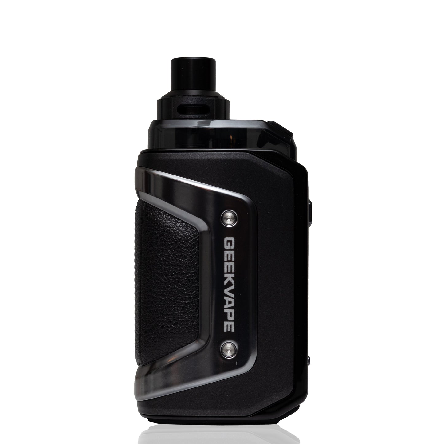 A black GEEKVAPE electronic device with a textured grip panel and silver accents, shown from a side profile on a white background.