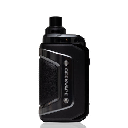 A black GEEKVAPE electronic device with a textured grip panel and silver accents, shown from a side profile on a white background.