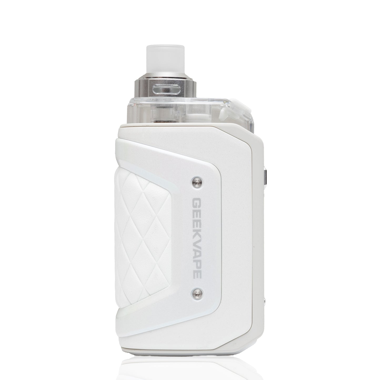 A white GEEKVAPE electronic vape device with a textured diamond-quilted grip panel and a clear tank, shown on a clean white background with a subtle reflection.
