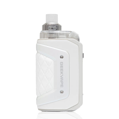 A white GEEKVAPE electronic vape device with a textured diamond-quilted grip panel and a clear tank, shown on a clean white background with a subtle reflection.