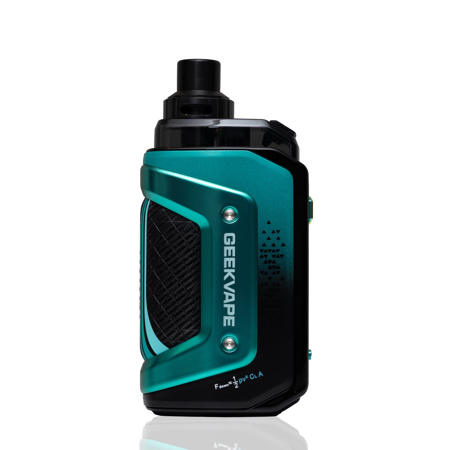 A GEEKVAPE mod kit in metallic teal and black, featuring a textured side panel, silver screws, and a black mouthpiece, shown on a white background with a subtle reflection.