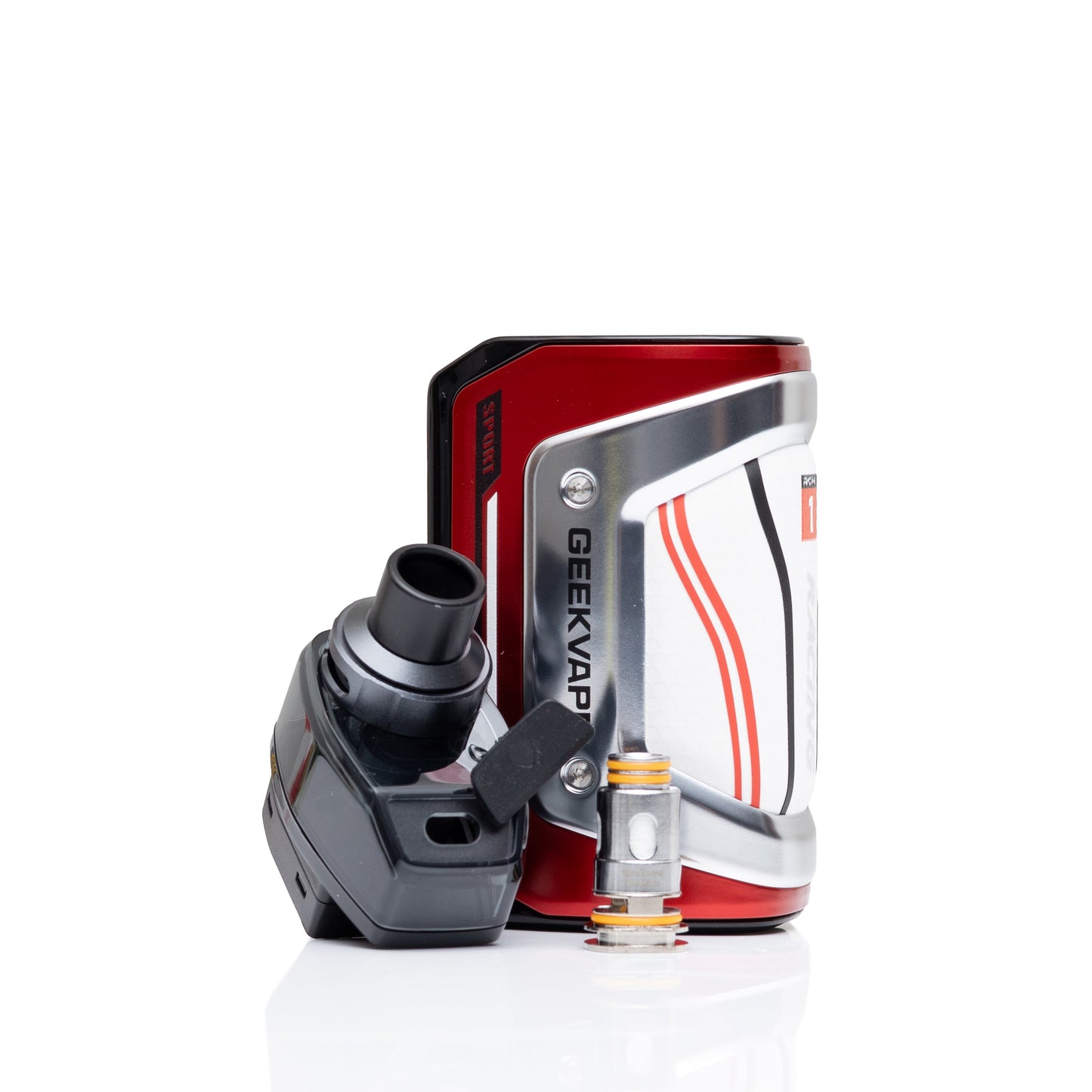 A GEEKVAP vape device set on a white reflective background, featuring a red and silver rectangular mod battery, a black mouthpiece, and a small gold-and-clear tank coil.