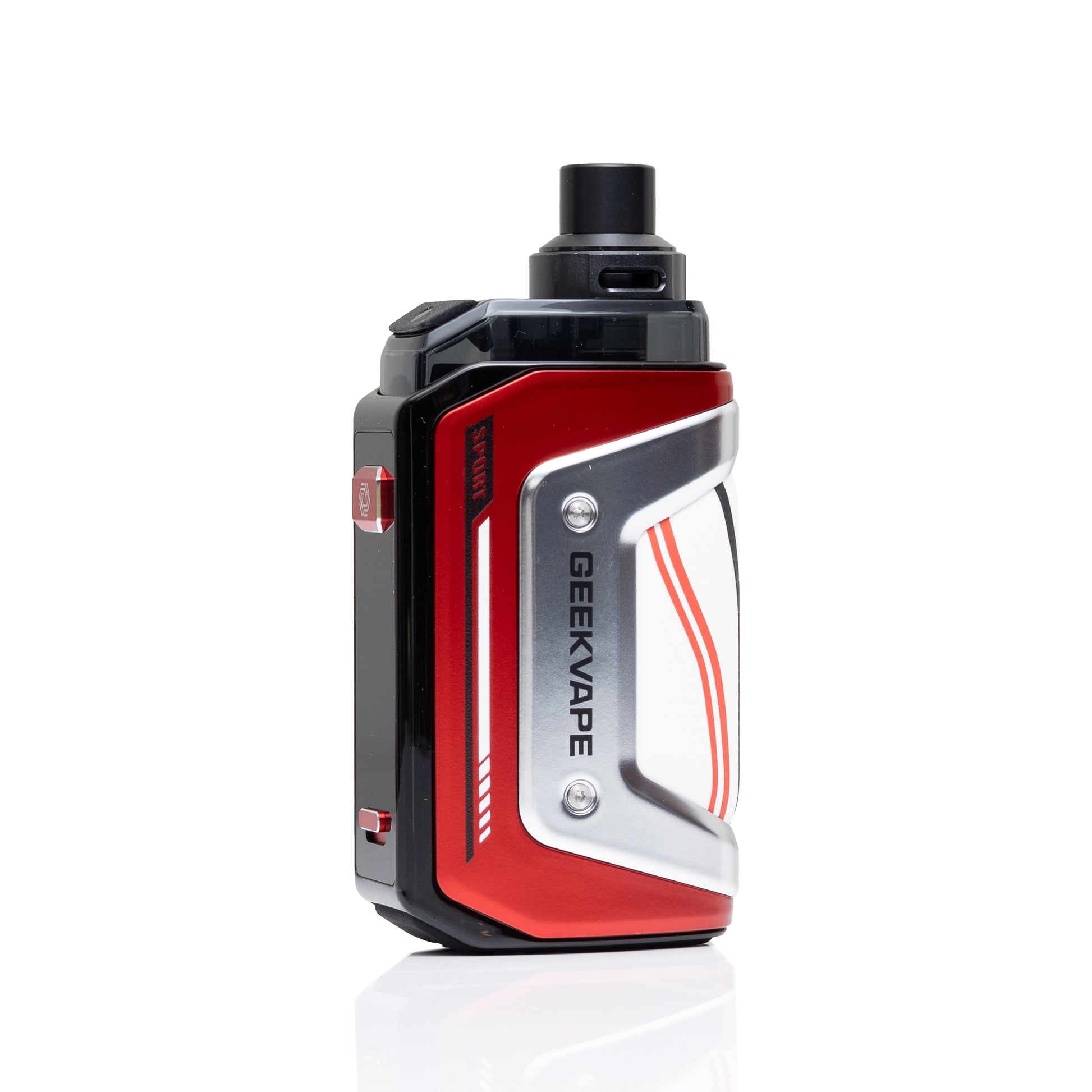 A GEEKVAPE hero 5 vape device in red, black, and silver, standing upright on a reflective white surface against a white background.