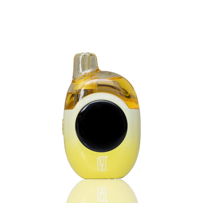 A yellow and white disposable vape device with a large black circular screen on the front, a clear mouthpiece, and a small HT logo at the bottom, shown on a white background with a soft reflection.