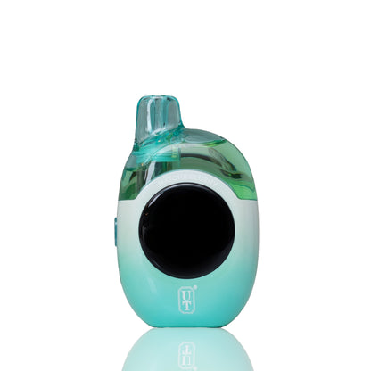 A mint green and white portable vape device with a translucent mouthpiece, shown on a clean white background with a soft reflection below.