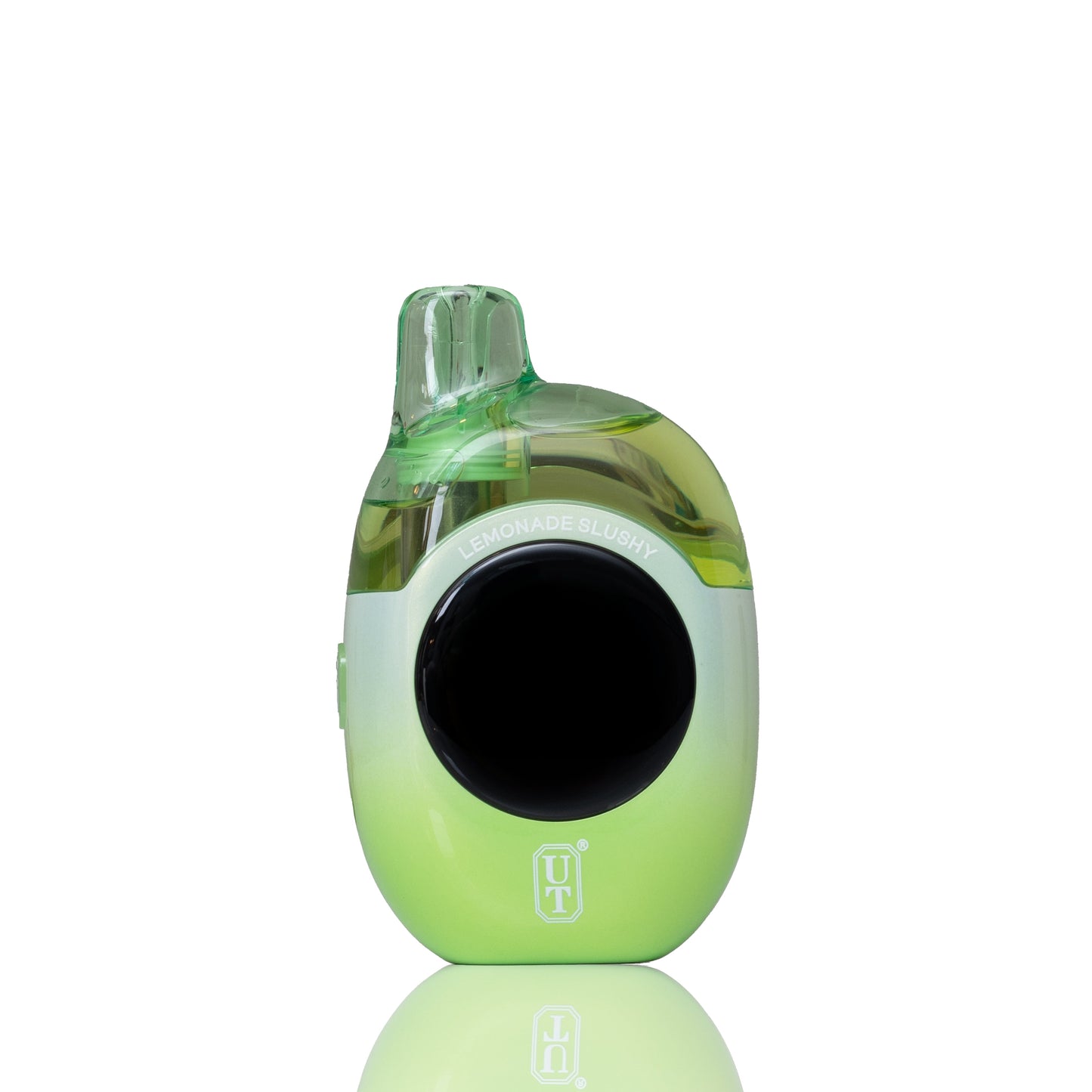 A green and white disposable vape device with a black circular screen, shown on a reflective white background.