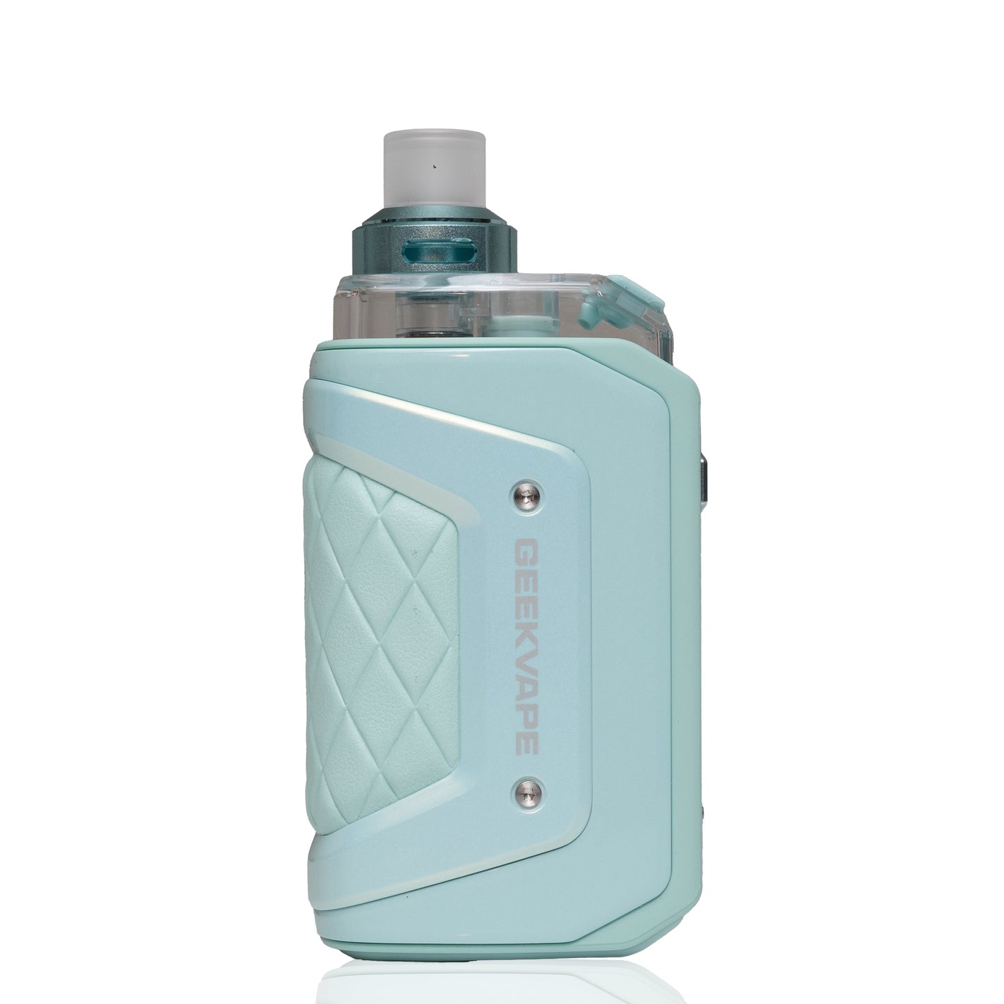 A GEEKVAPE electronic vape device in a light pastel mint green color, featuring a quilted diamond-patterned grip on the side, silver screws, and a clear tank with a white mouthpiece, shown against a plain white background.