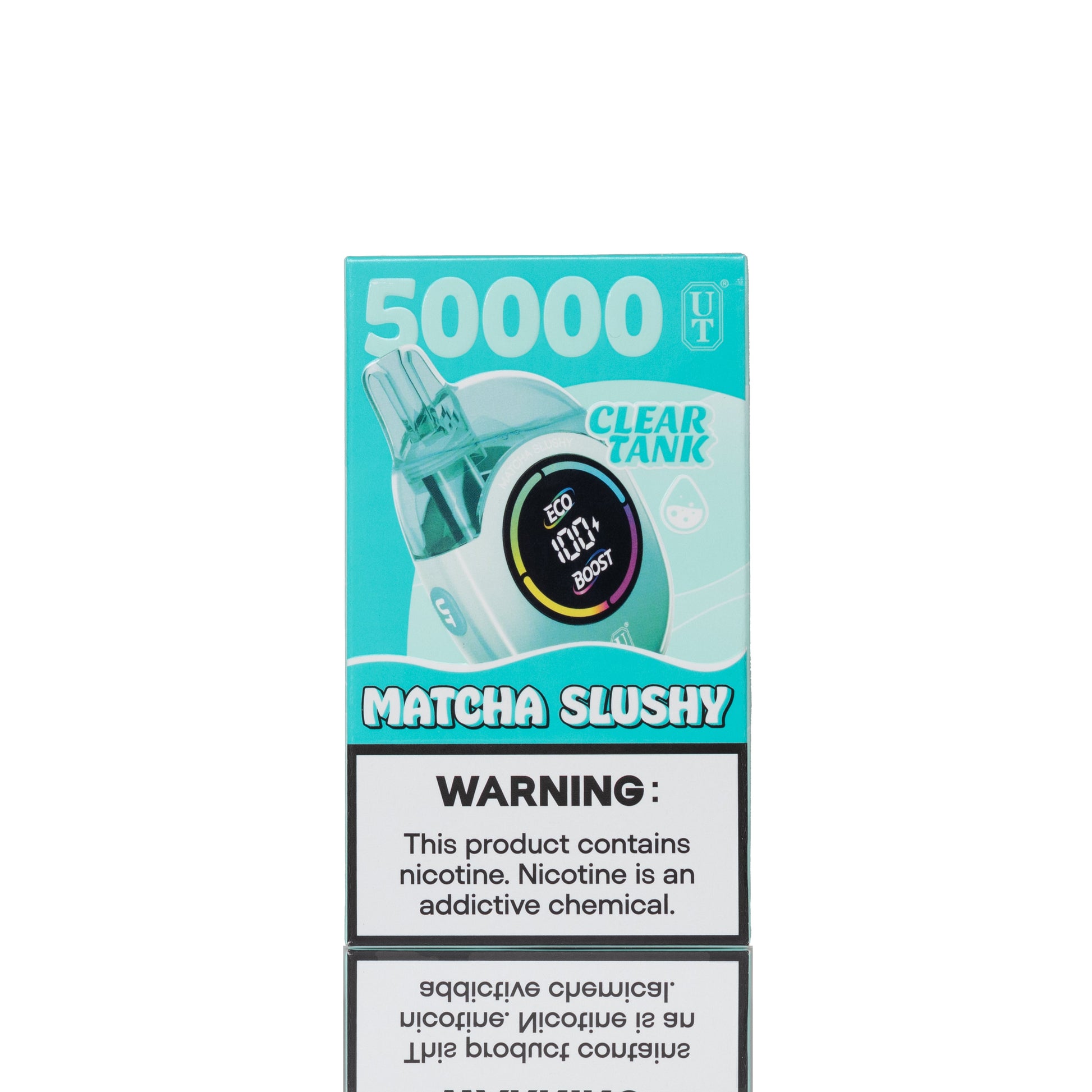 A boxed vape product labeled '50000 UT' and 'MATCHA SLUSHY' with a warning panel, shown on a white background. The package is turquoise and white with a photo of a clear disposable vape device.